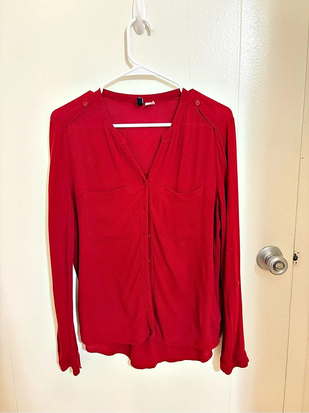 Divided Red Button-Up Long Sleeve Blouse